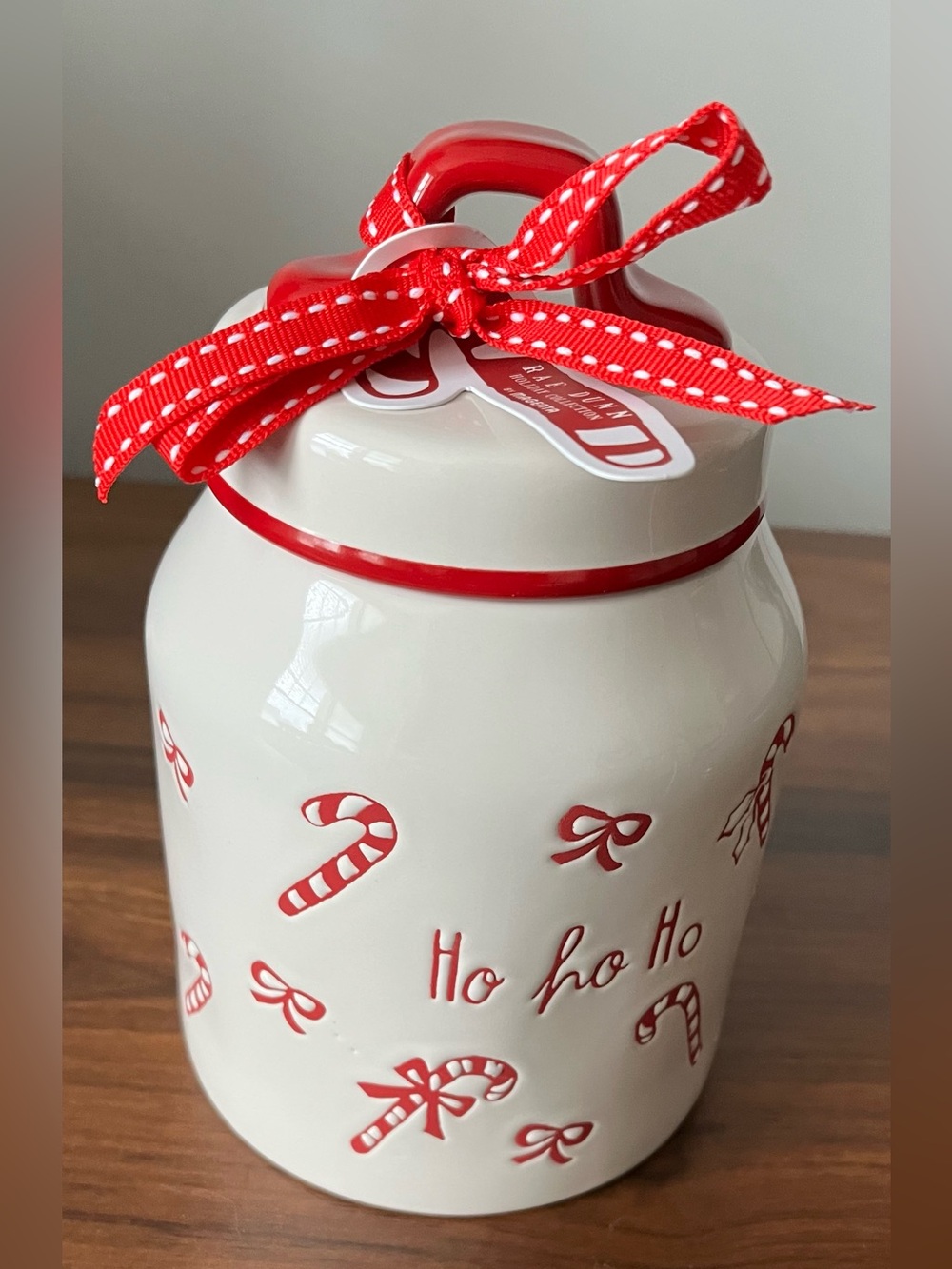 Rae Dunn Small Red & White 'Ho Ho Ho' Candy Cane Cookie Jar